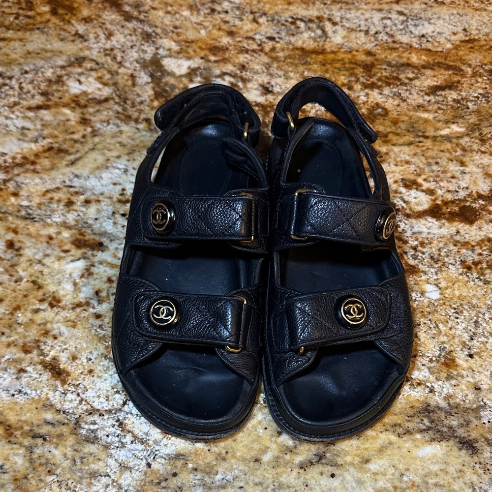 CHANEL Black Leather Dad Sandals